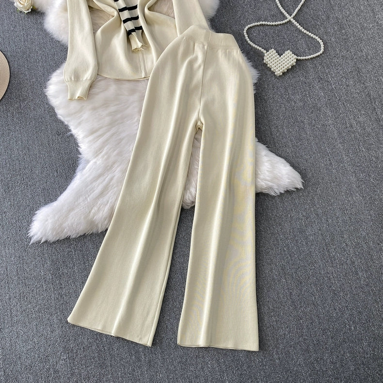 Chic Knit Lounge Set – Black, White & Gray Striped Sweater with Flared Pants