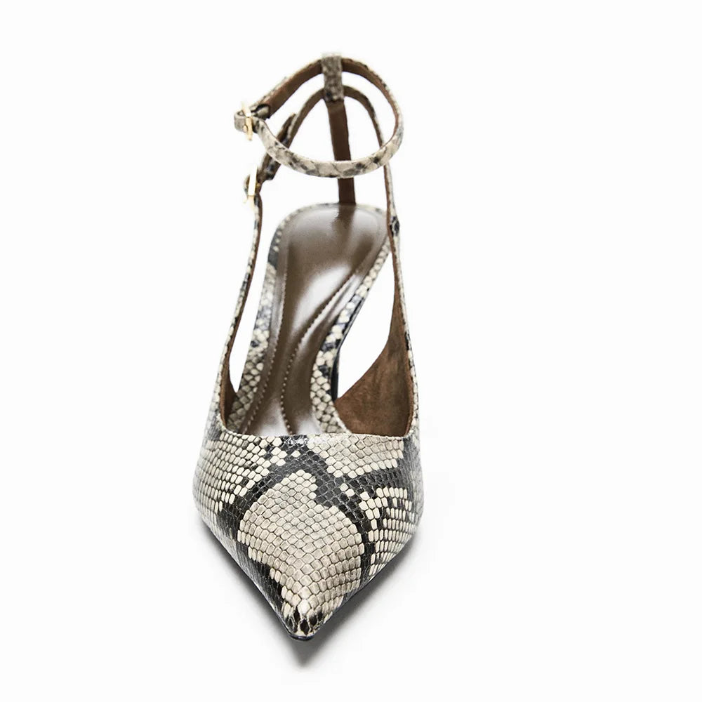 Hama Snake Print Stiletto Heels – Ankle Strap Pointed Toe