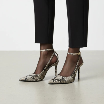 Hama Snake Print Stiletto Heels – Ankle Strap Pointed Toe