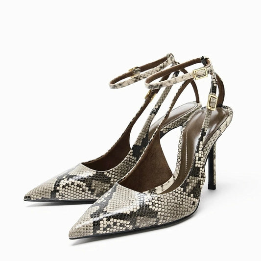 Hama Snake Print Stiletto Heels – Ankle Strap Pointed Toe