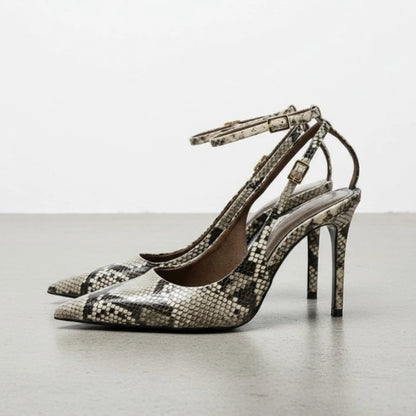 Hama Snake Print Stiletto Heels – Ankle Strap Pointed Toe
