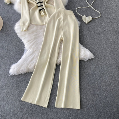 Chic Knit Lounge Set – Black, White & Gray Striped Sweater with Flared Pants