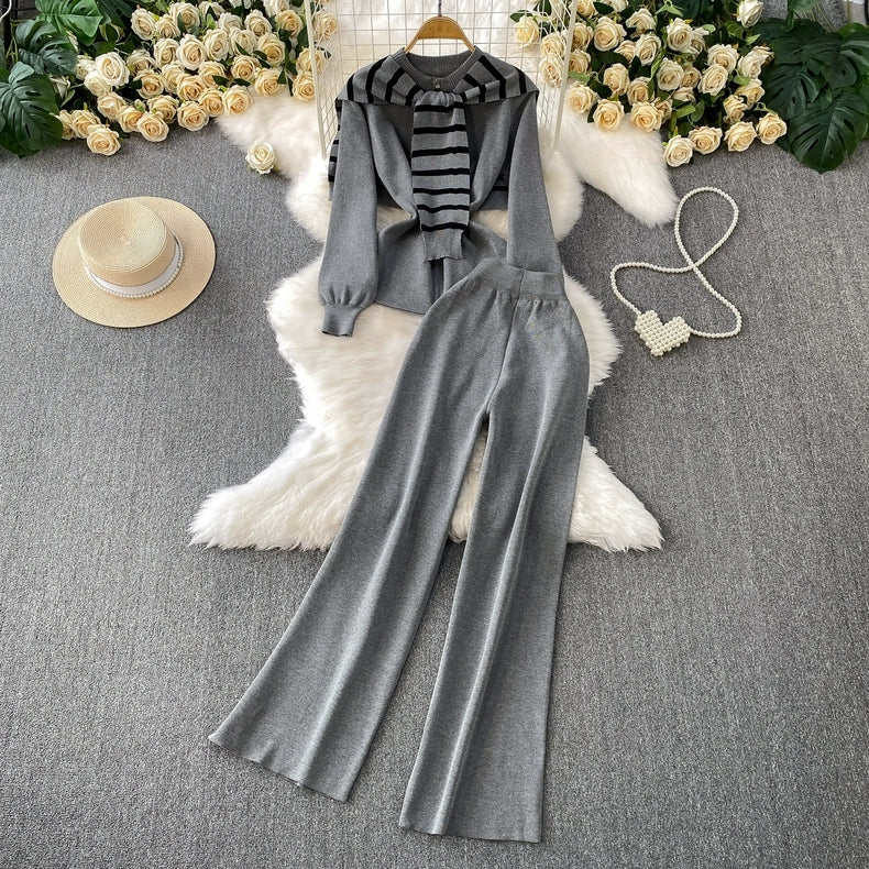 Chic Knit Lounge Set – Black, White & Gray Striped Sweater with Flared Pants