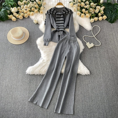 Chic Knit Lounge Set – Black, White & Gray Striped Sweater with Flared Pants