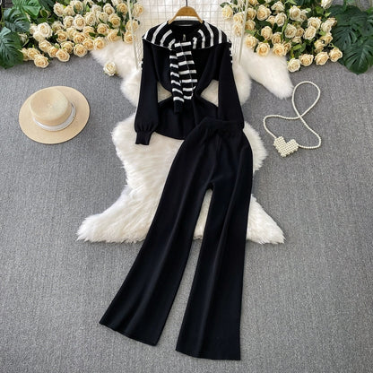 Chic Knit Lounge Set – Black, White & Gray Striped Sweater with Flared Pants