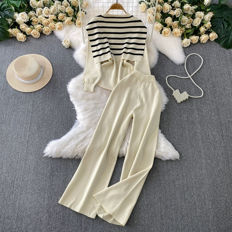 Chic Knit Lounge Set – Black, White & Gray Striped Sweater with Flared Pants
