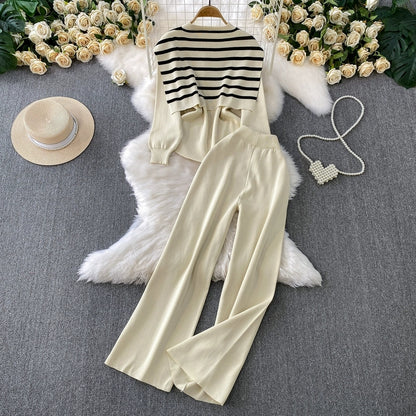 Chic Knit Lounge Set – Black, White & Gray Striped Sweater with Flared Pants