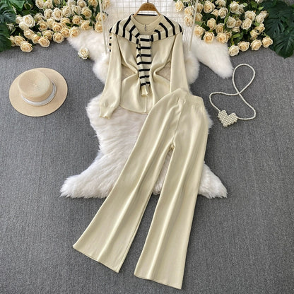 Chic Knit Lounge Set – Black, White & Gray Striped Sweater with Flared Pants