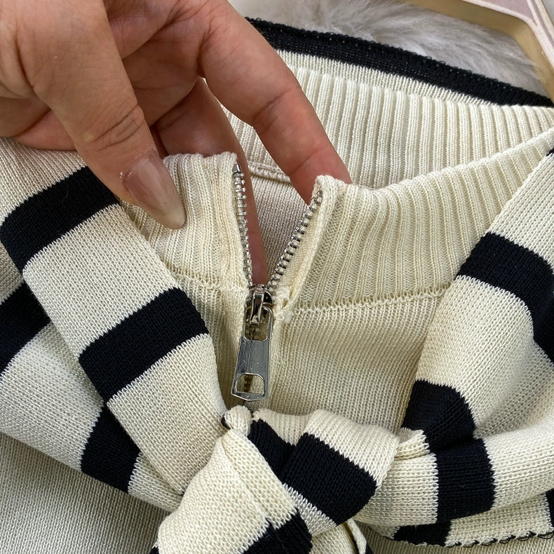 Chic Knit Lounge Set – Black, White & Gray Striped Sweater with Flared Pants