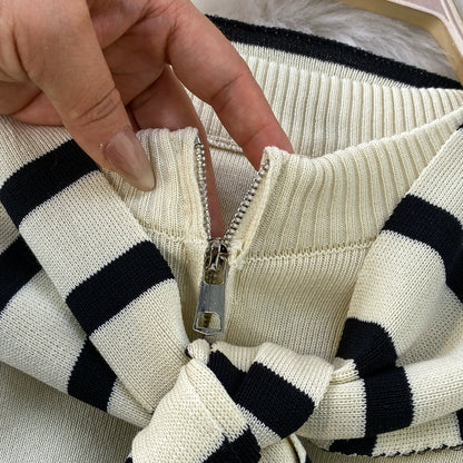 Chic Knit Lounge Set – Black, White & Gray Striped Sweater with Flared Pants