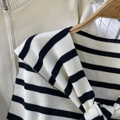 Chic Knit Lounge Set – Black, White & Gray Striped Sweater with Flared Pants