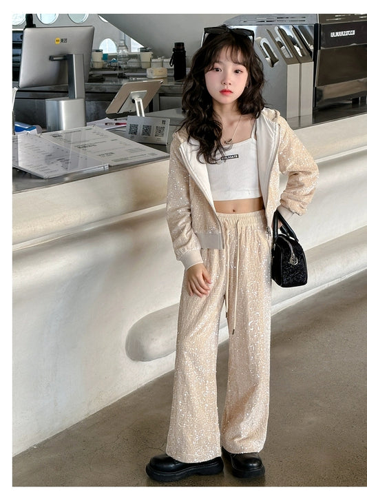 Hama Girls Autumn Outfit Set 2025 | Sequin Two-Piece Tracksuit for Kids